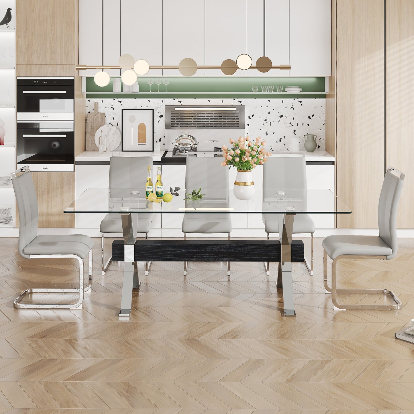 Dining table Modern tempered glass dining table Large modern office desk with silver plated metal legs and MDF crossbars - Korvel