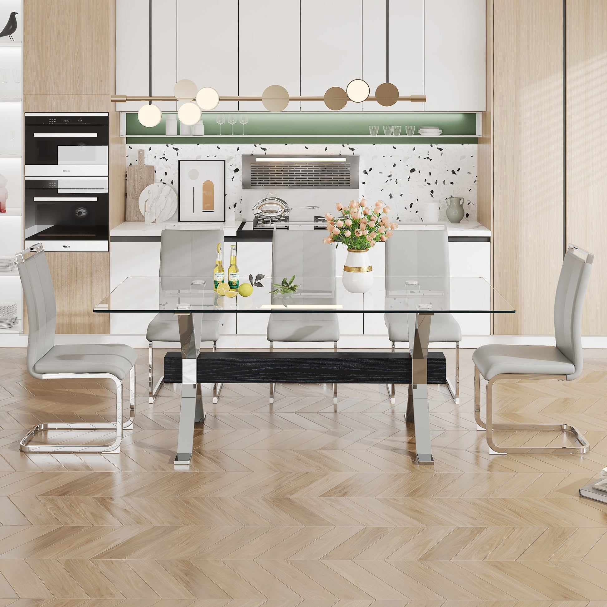 Dining table Modern tempered glass dining table Large modern office desk with silver plated metal legs and MDF crossbars - Korvel
