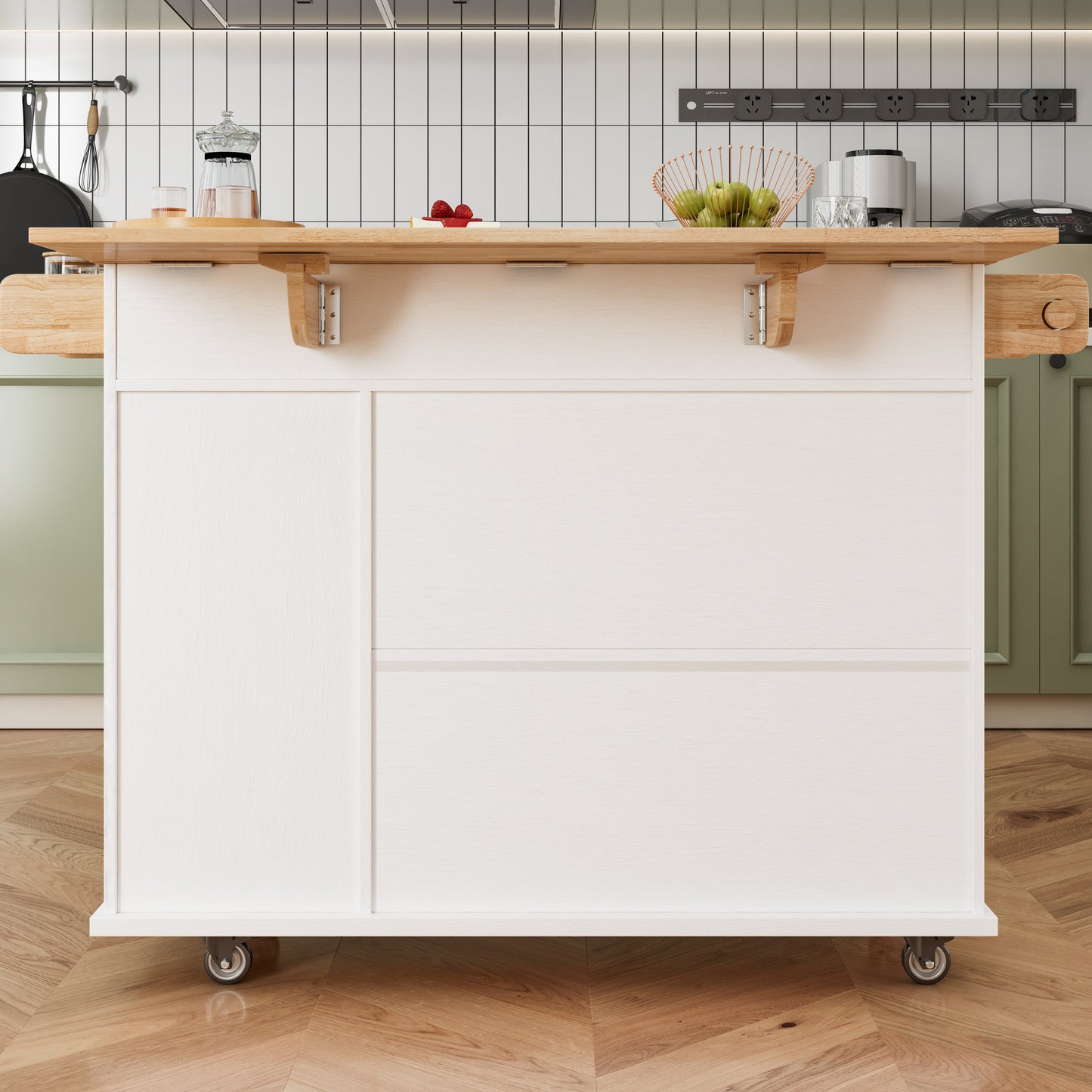 44 Inch Kitchen Island Cart with Solid Wood Top, Wine Storage, Spice Rack, Towel Rack, Wine Glass Holder White & Oak - Korvel