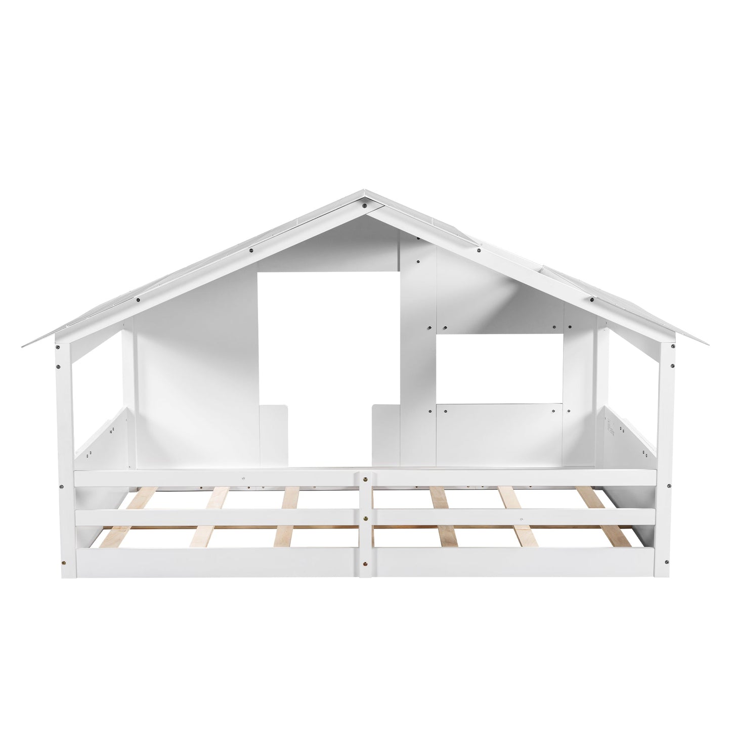 Wood Full Size House Bed with Roof, Window and Guardrail White - Korvel