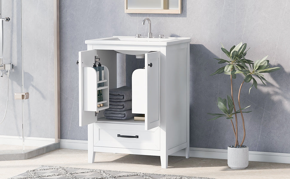 24" Bathroom Vanity with Sink, Bathroom Vanity Cabinet with One Drawer and Doors, Solid Wood and MDF, White - Korvel