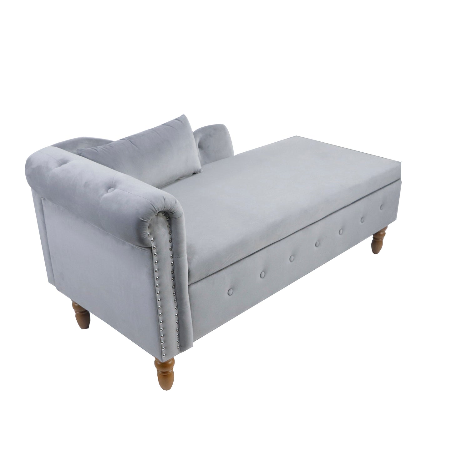 Chaise longue en velours gris avec rangement et coussin
