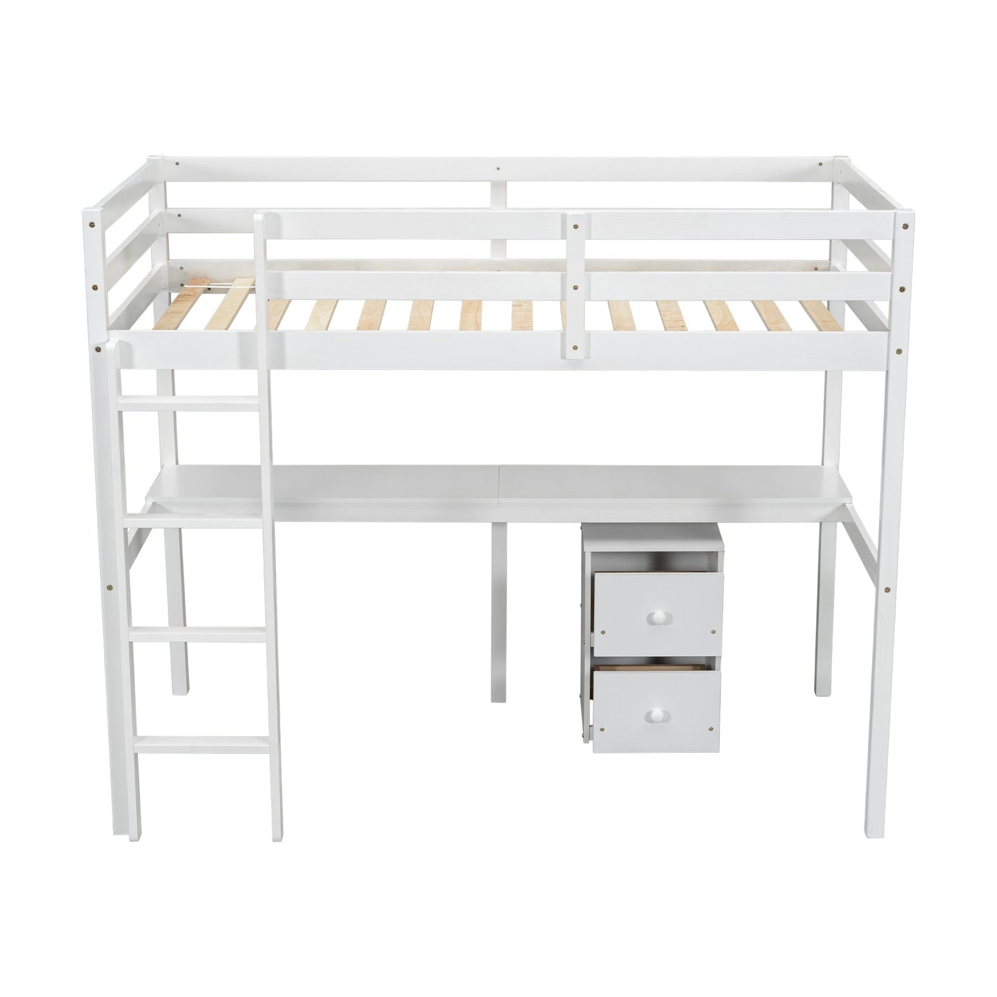 Twin Loft Wood Bed with Under-bed, Built-in Desk, a Storage Cabinet of 2 Drawers, Guardrails, Ladder,White - Korvel
