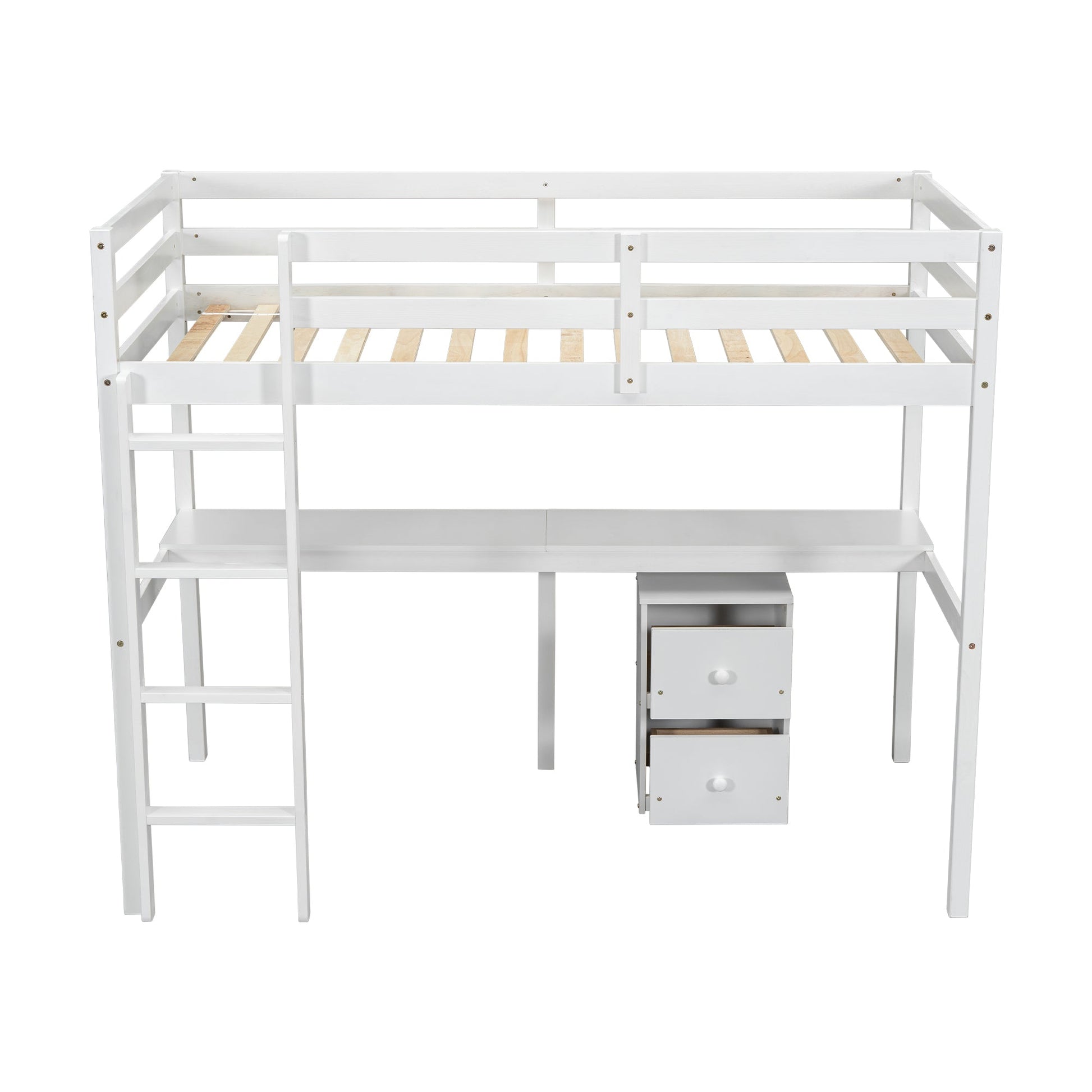 Twin Loft Wood Bed with Under-bed, Built-in Desk, a Storage Cabinet of 2 Drawers, Guardrails, Ladder,White - Korvel