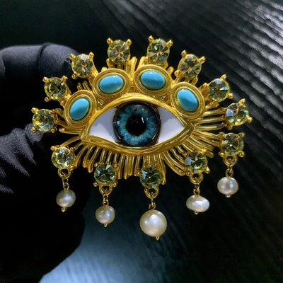 New Exaggerated Devil's Eye Brooch Baroque Pearl Tassel for Men Women Unisex Pin Jewelry European And American Vintage - Korvel