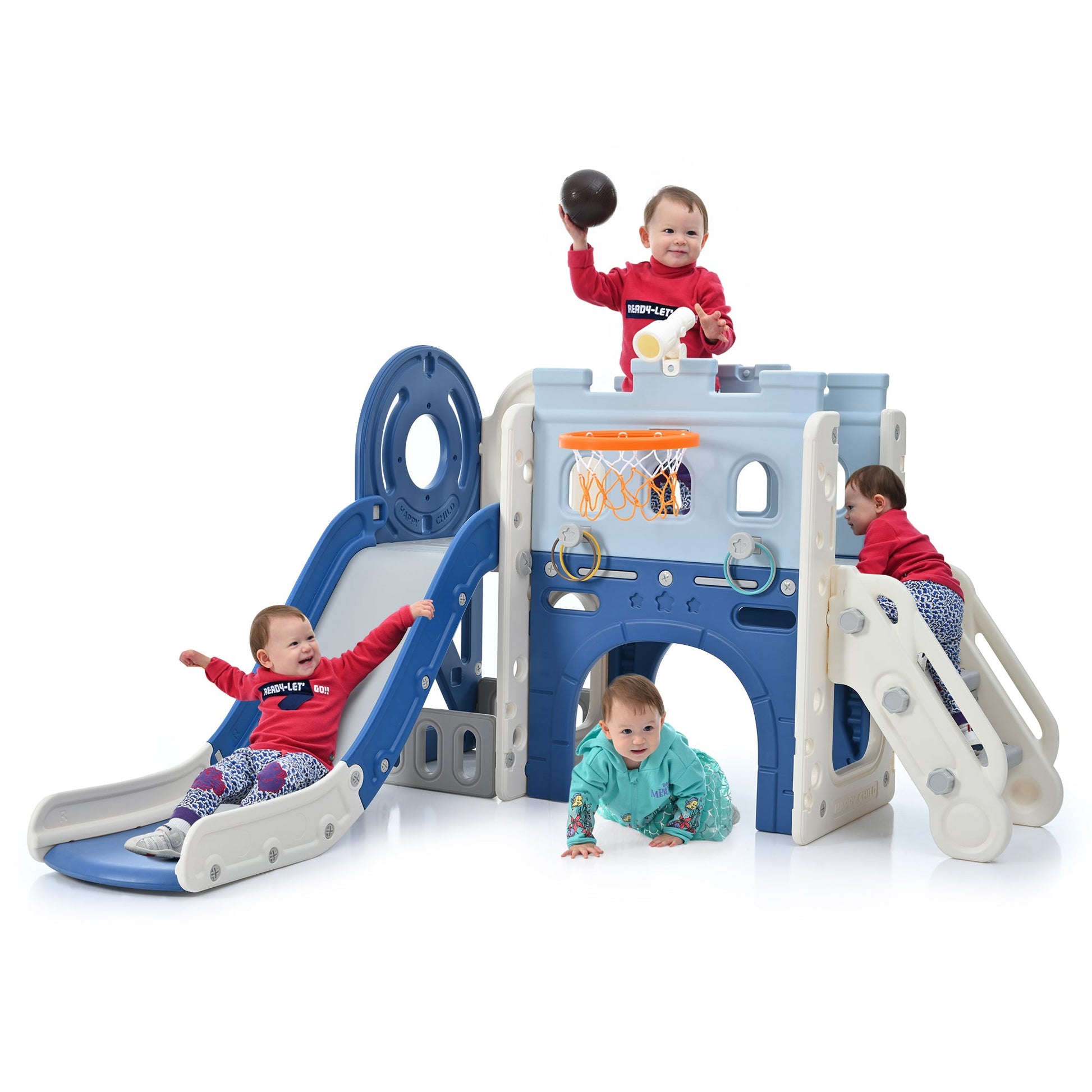 9-1 Toddler Slide Set,Kids Slide for Toddlers Ages 1+, Basketball Hoop, Tunnel and Storage Space, Pirate Ship Themed Slide - Korvel