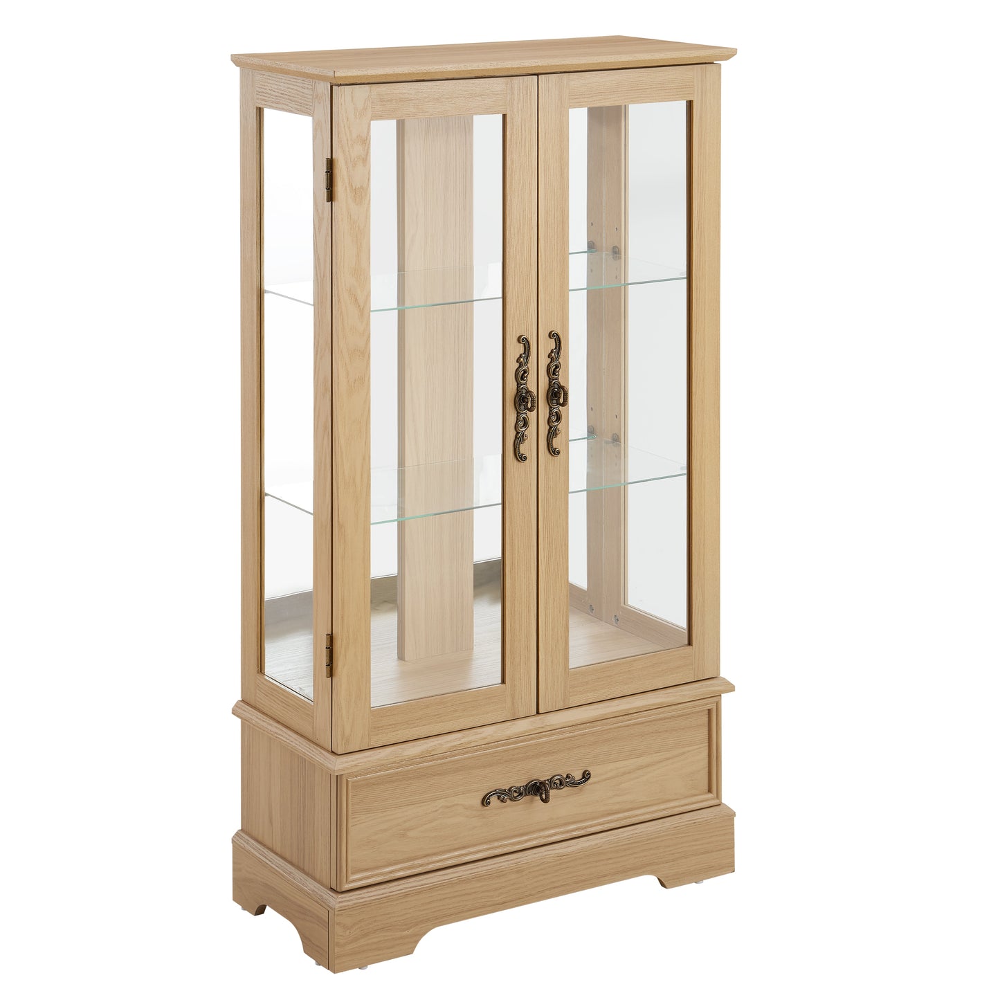 Light colored glass cabinet with adjustable glass frame, including cabinet light bulbs OAK with 2 doors and 1 drawer - Korvel
