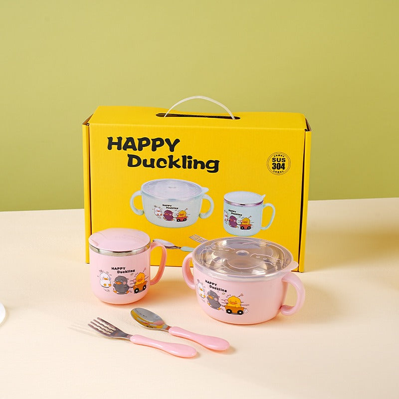 304 stainless steel children's tableware set cute baby food bowl stainless steel tableware children's water cup - Korvel