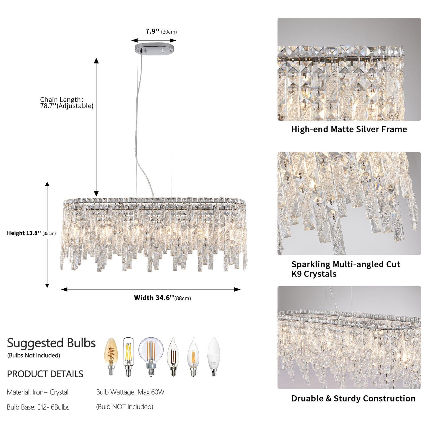 Silver elegant oval crystal pendant light, modern ceiling fixture with reflective suspended crystal (bulb not included) - Korvel