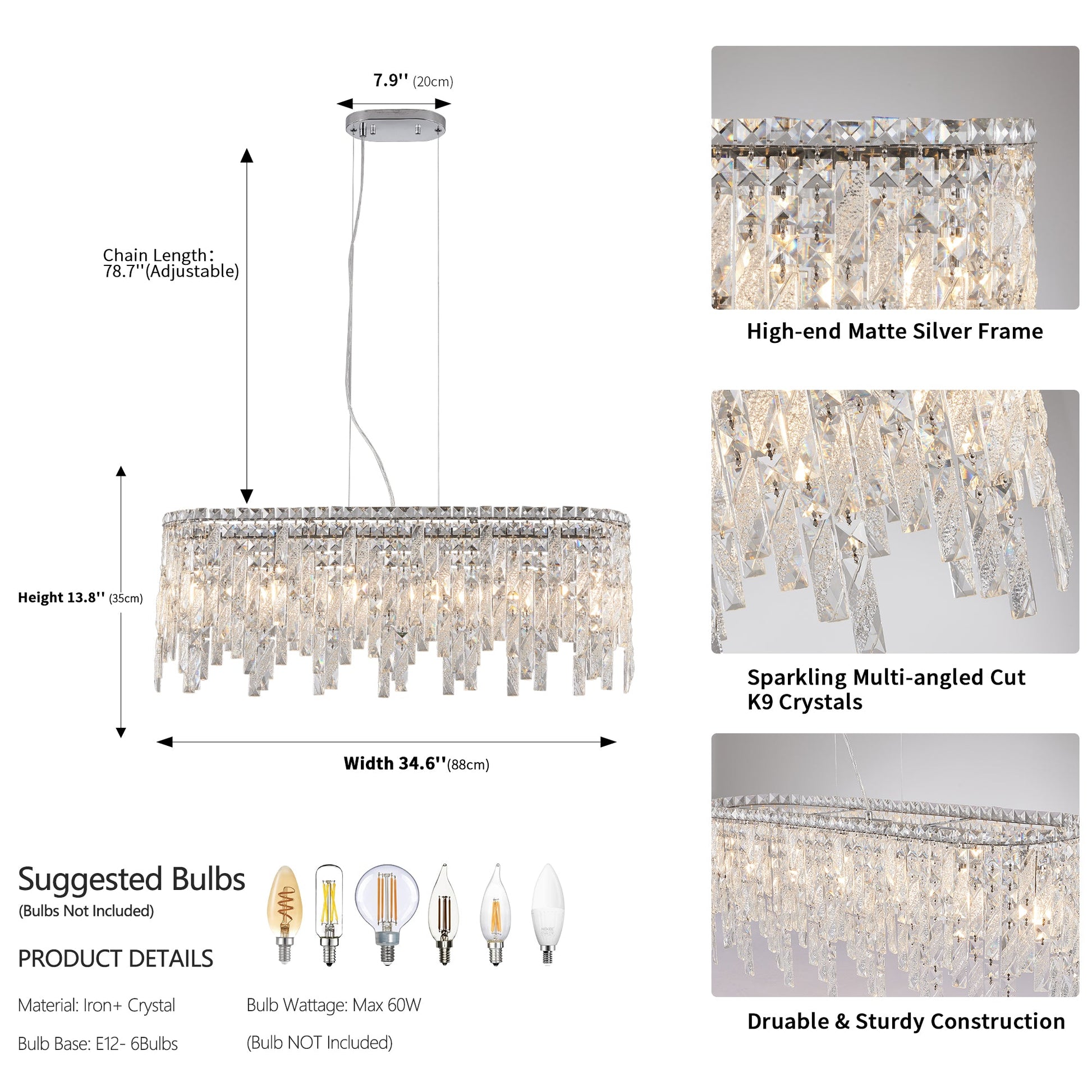 Silver elegant oval crystal pendant light, modern ceiling fixture with reflective suspended crystal (bulb not included) - Korvel