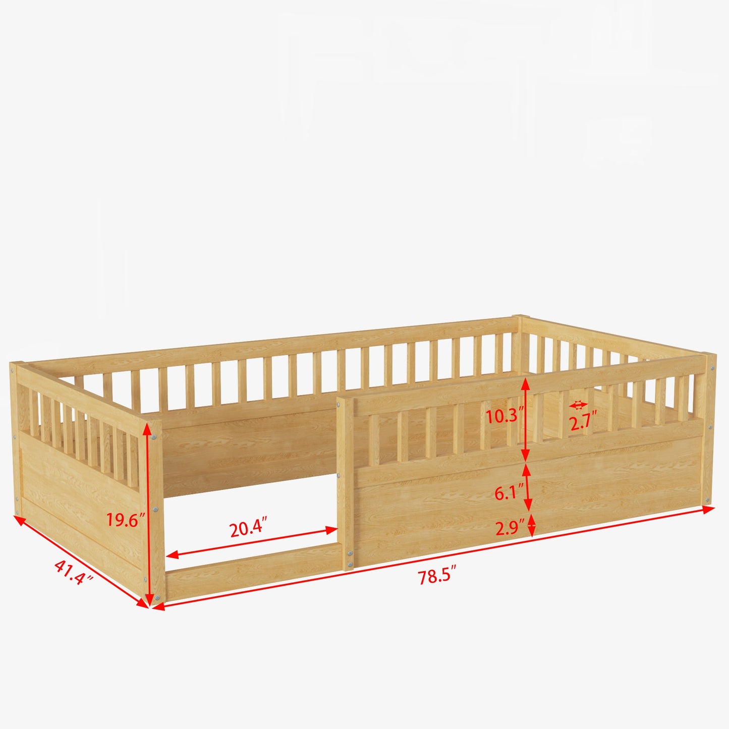 Twin Floor Bed Frame with Fence, Wood Kids Floor Beds Frame for Bedroom Playroom,Natural - Korvel