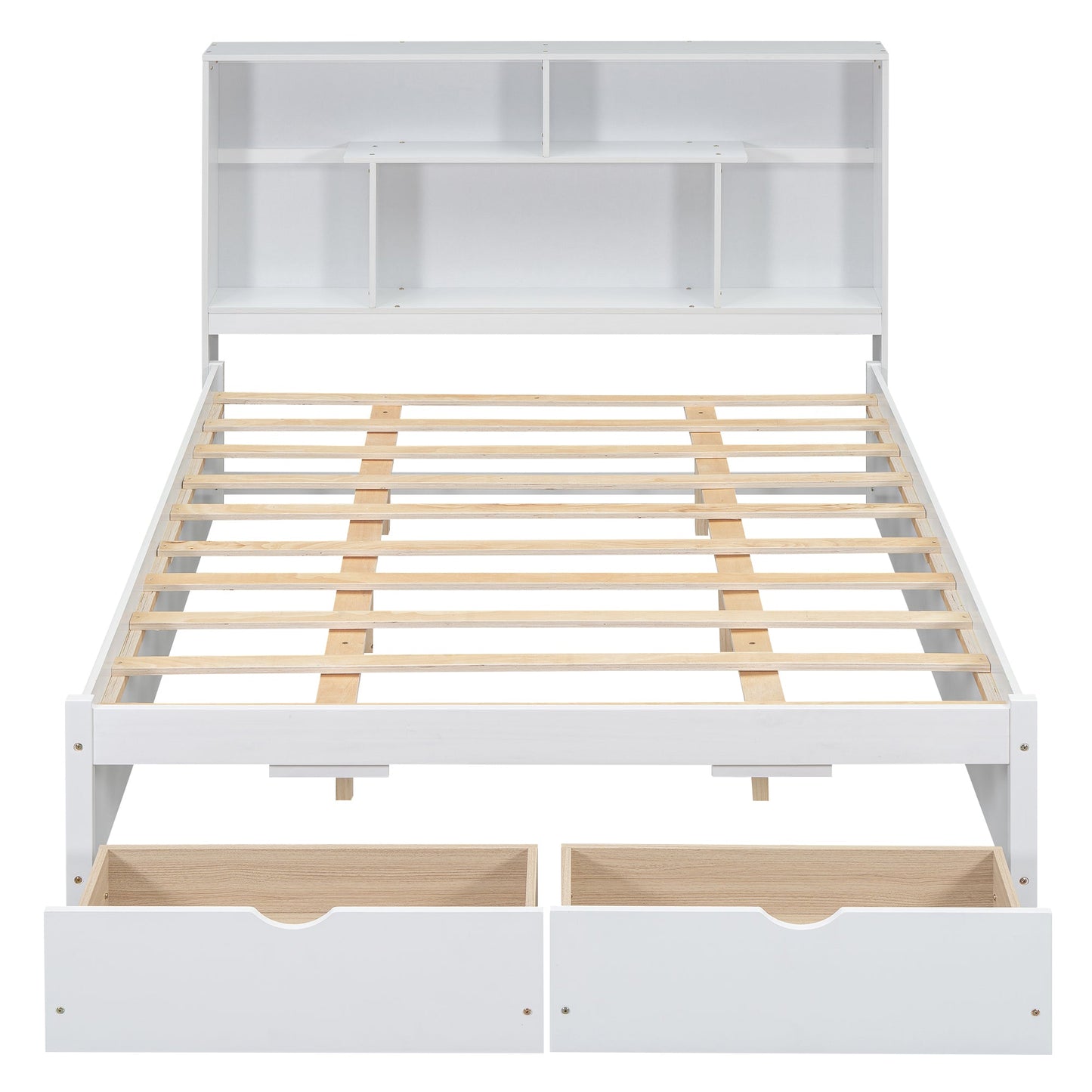 Elegant Queen Size Platform Bed with Storage Headboard, White