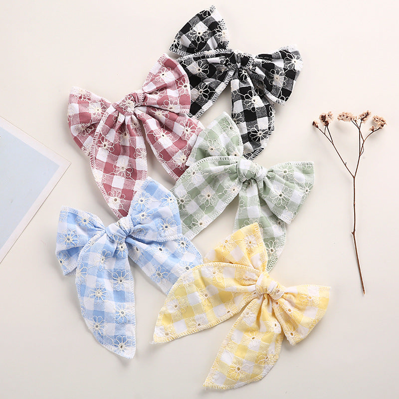 Children's Headwear Girl Plaid Cotton Embroidery Bow Hairpin Big Swallowtail Hairpin - Korvel