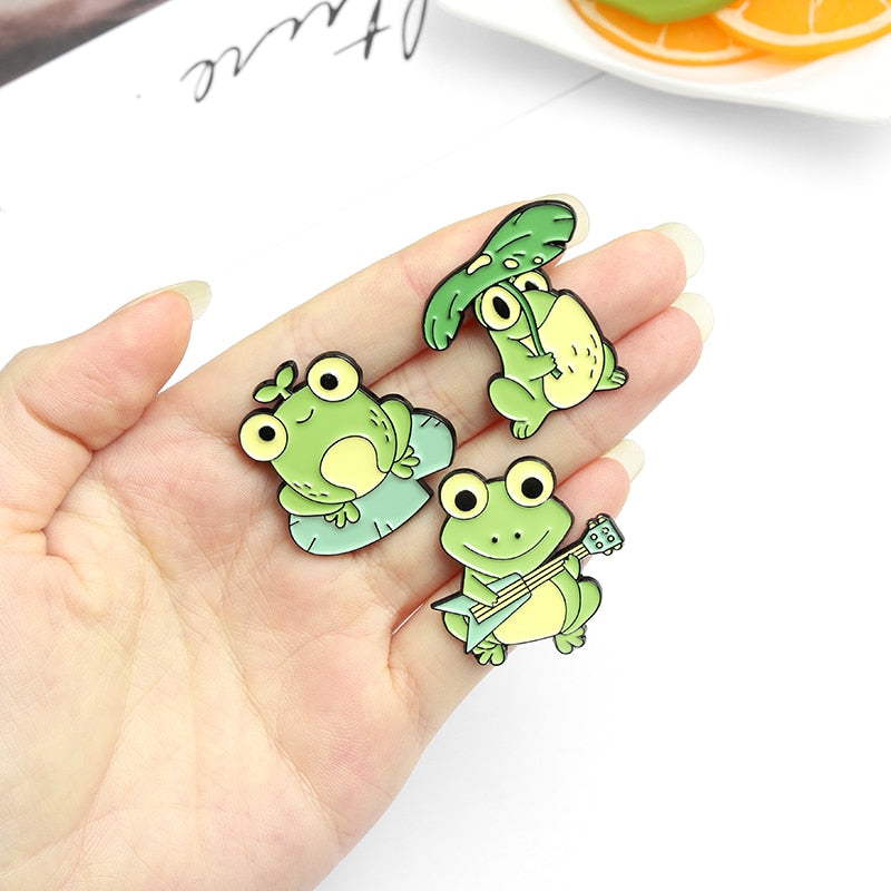 Quack Quack Enamel Pin Custom Frog Lotus Leaf Brooches Bag Lapel Pin Cartoon Animal Badge Jewelry Gift for Kids Friends - Korvel