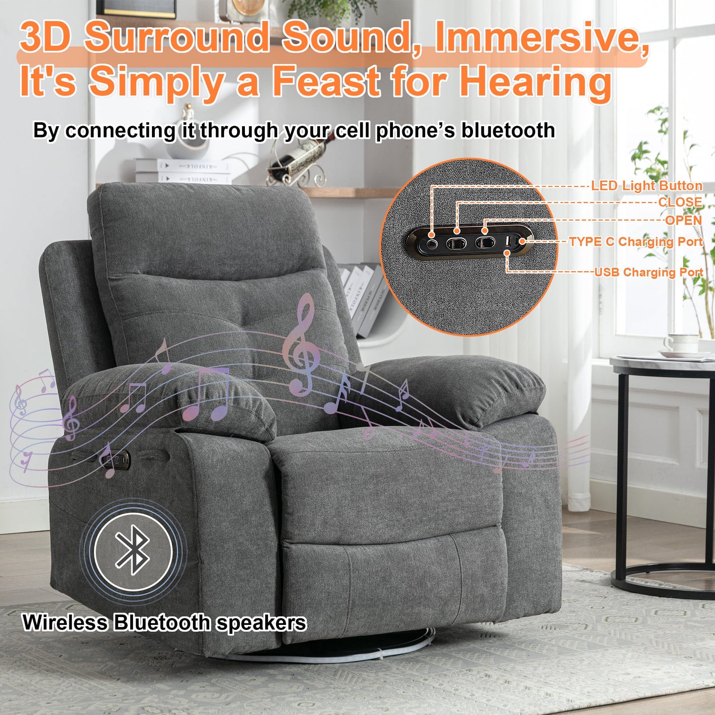270 degree rotating electric lounge chair with Bluetooth speaker, LED light, telescopic foot pedal adjustable backrest DG - Korvel