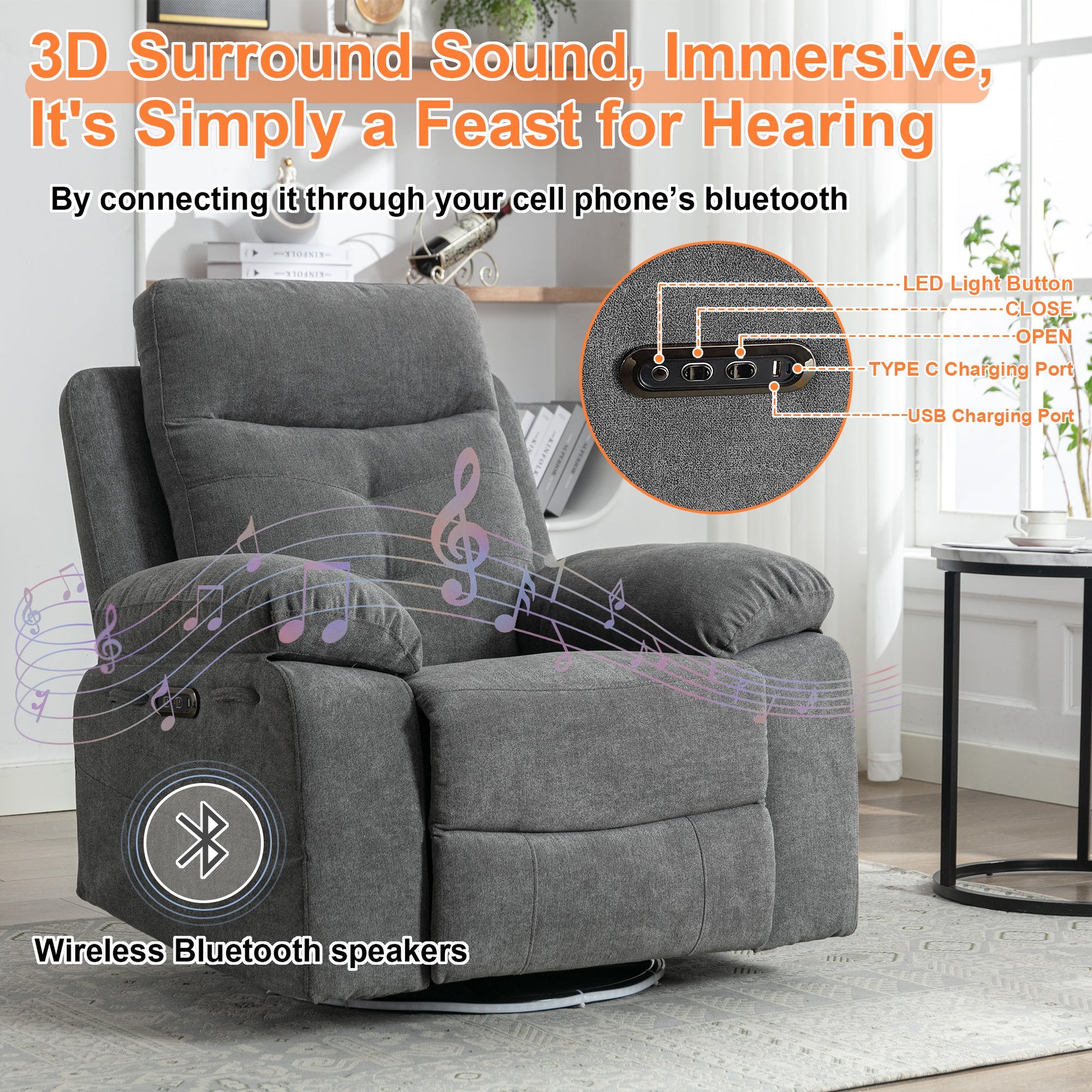 270 degree rotating electric lounge chair with Bluetooth speaker, LED light, telescopic foot pedal adjustable backrest DG - Korvel