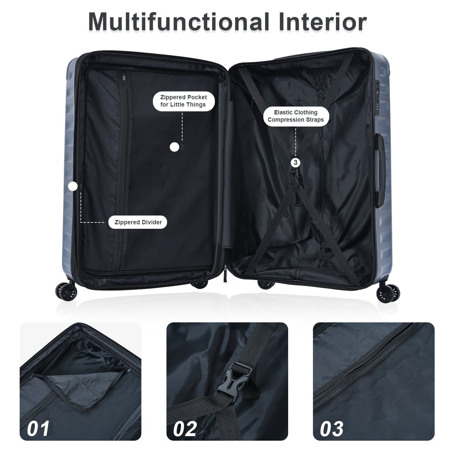 Luggage Sets New Model Expandable ABS+PC 3 Piece Sets with Spinner Wheels Lightweight TSA Lock (20/24/28), STEEL GRAY - Korvel