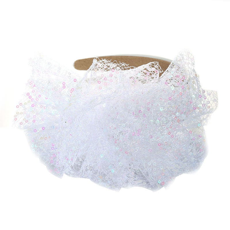 Solid color sequin flower wide edge girl style mesh headband - Korvel