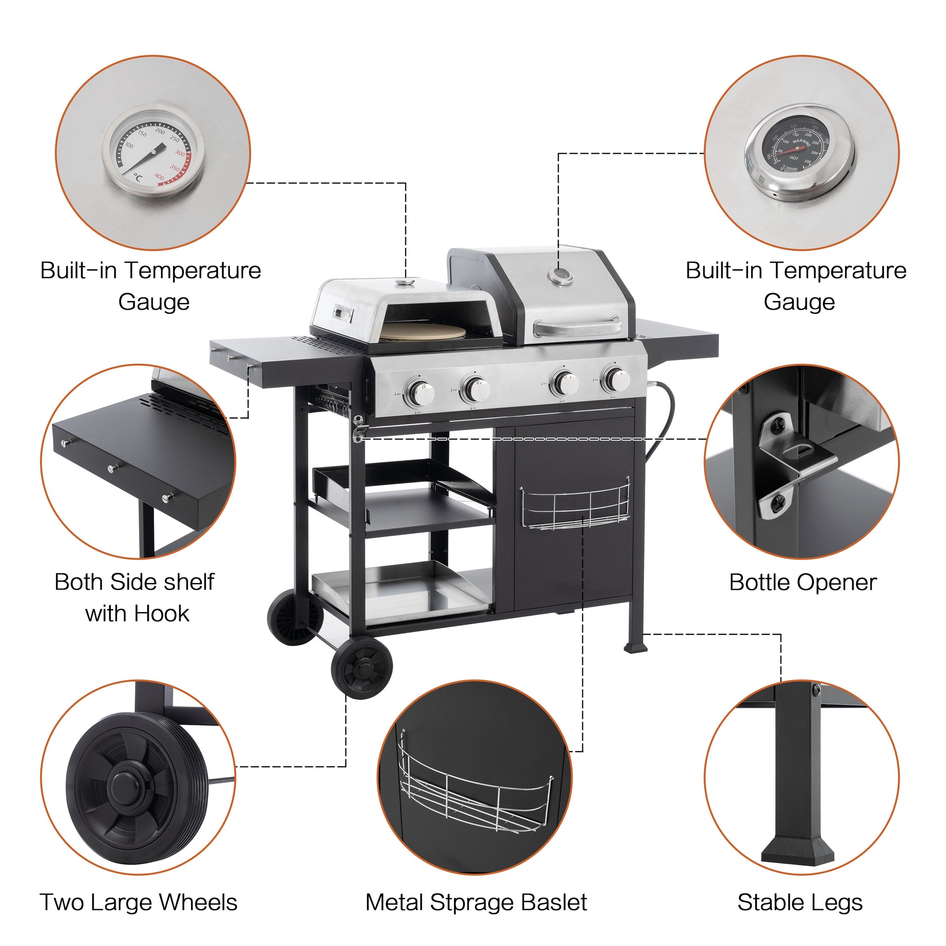 2+2 multifunctional gas barbecue grill and covered grill combination for outdoor cooking - barbecue, barbecue, pizza. - Korvel