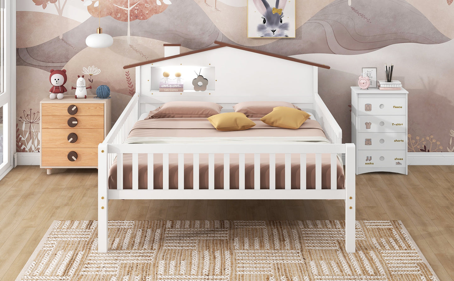 Full Size Wood Platform Bed with House-shaped Headboard, LED and Built-in Storage, White - Korvel