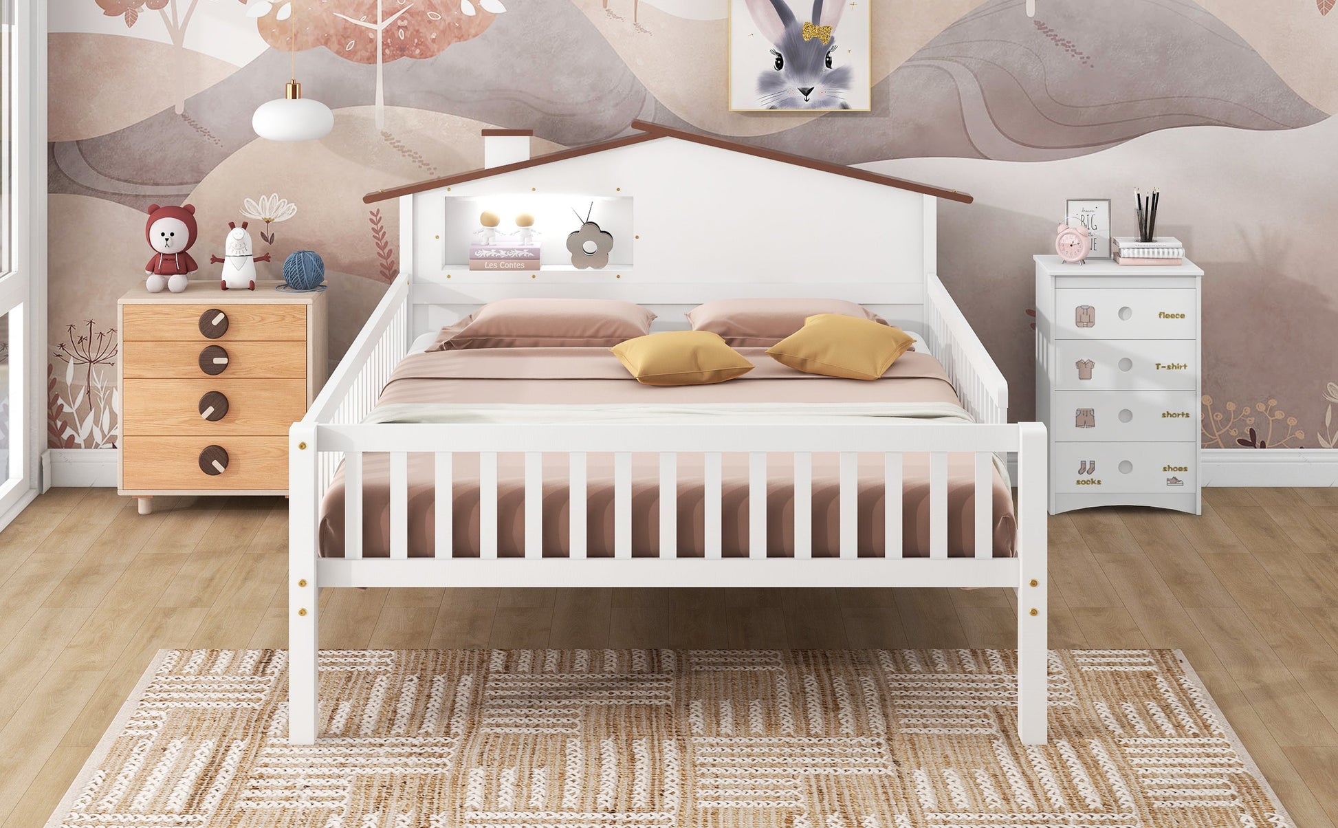 Full Size Wood Platform Bed with House-shaped Headboard, LED and Built-in Storage, White - Korvel