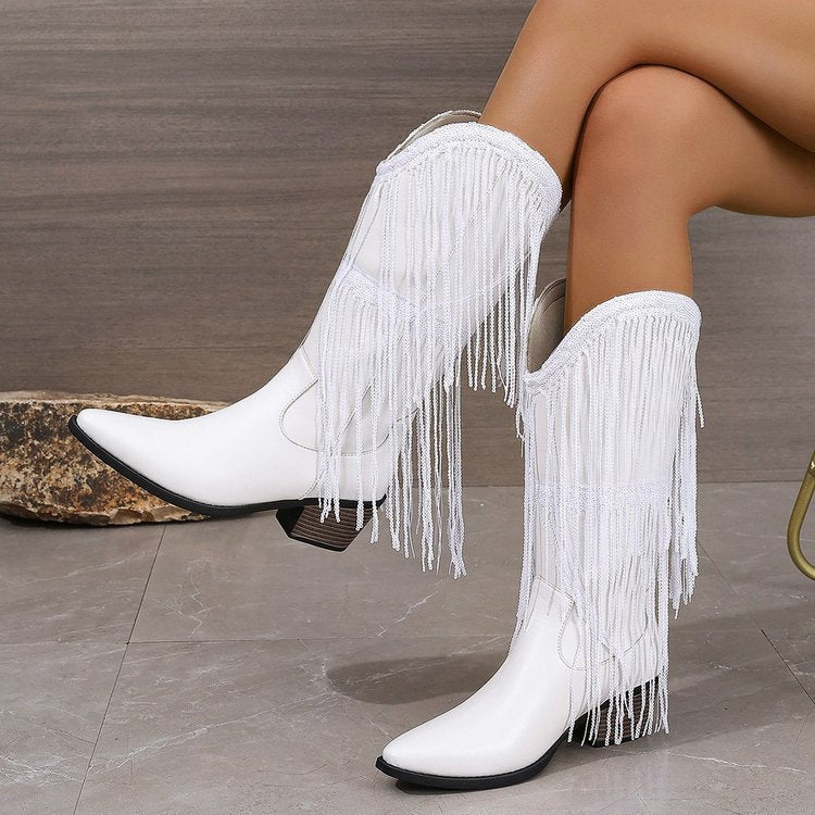 Women Vintage Chunky Heel Wrinkled Slip-on V-Opening Western Cowboy Boots - Korvel