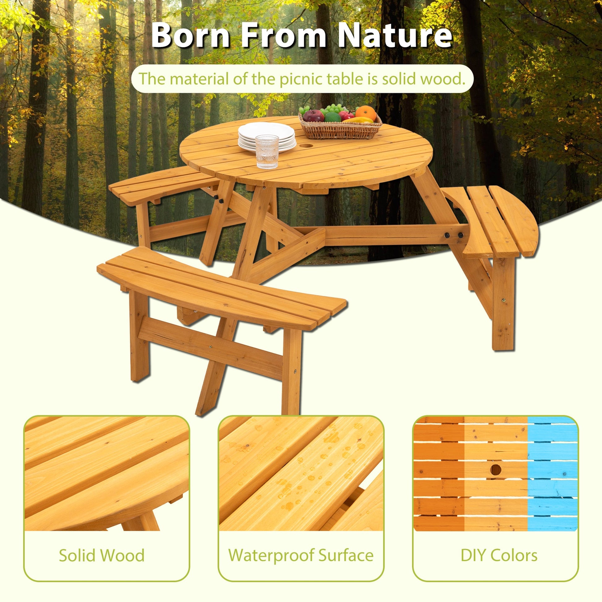 6-Person Circular Outdoor Wooden Picnic Table for Patio, Backyard, Garden, DIY w/ 3 Built-in Benches, 1720lb Capacity - Natural - Korvel