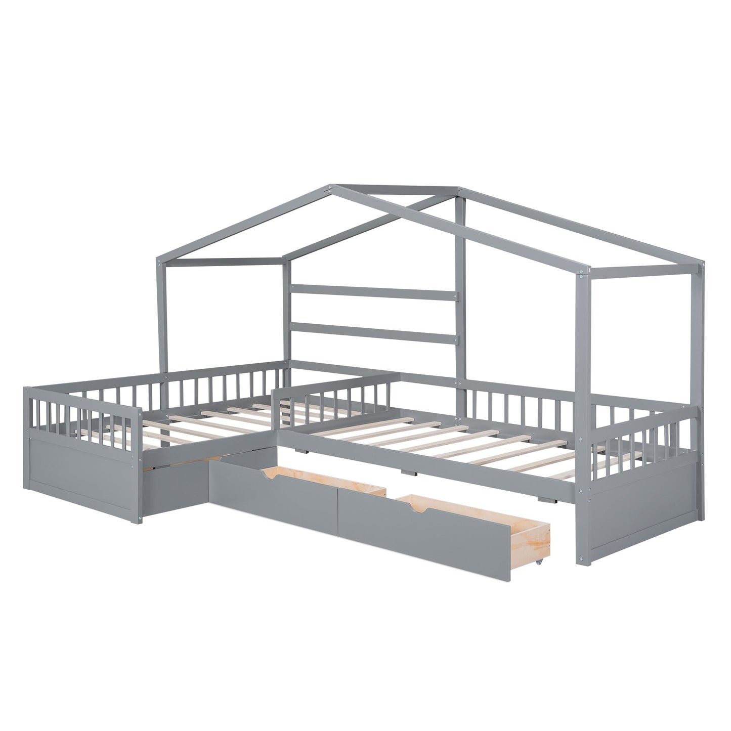 Twin Size House Platform Bed with Three Storage Drawers Gray - Korvel