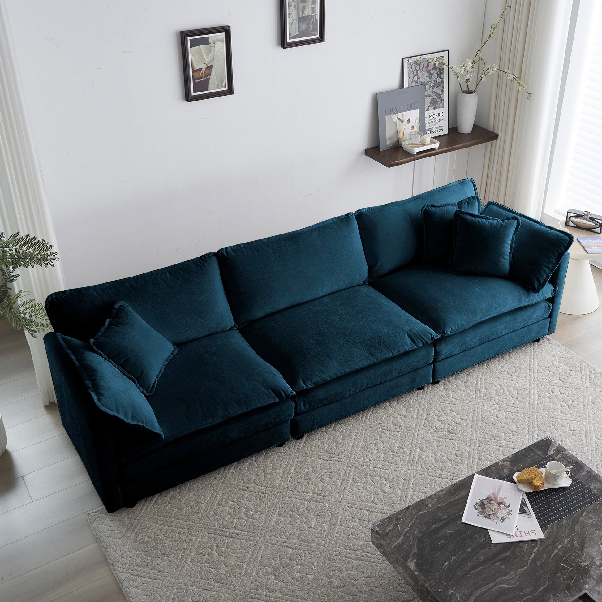 Mid-Century Modern Couch 3-Seater Sofa with 2 Armrest Pillows and 3 Toss Pillows, Couch for Living Room Blue Chenille - Korvel