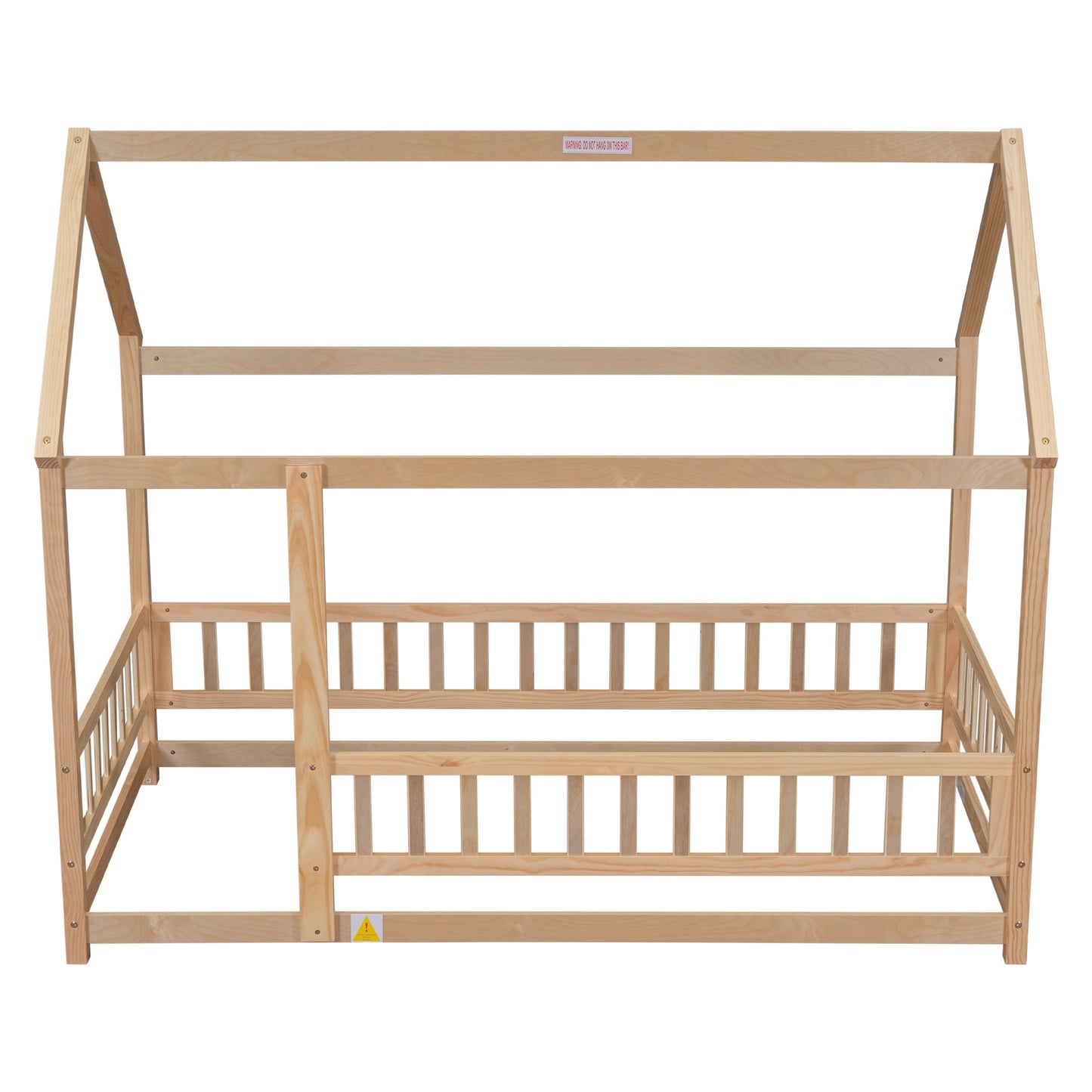 Lit en bois taille twin avec cadre de toit de maison et barrières de sécurité