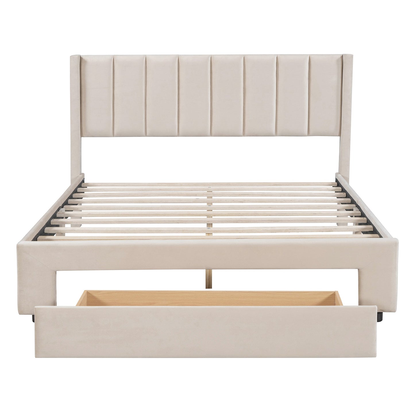 Queen Size Storage Bed Velvet Upholstered Platform Bed with a Big Drawer - Beige - Korvel
