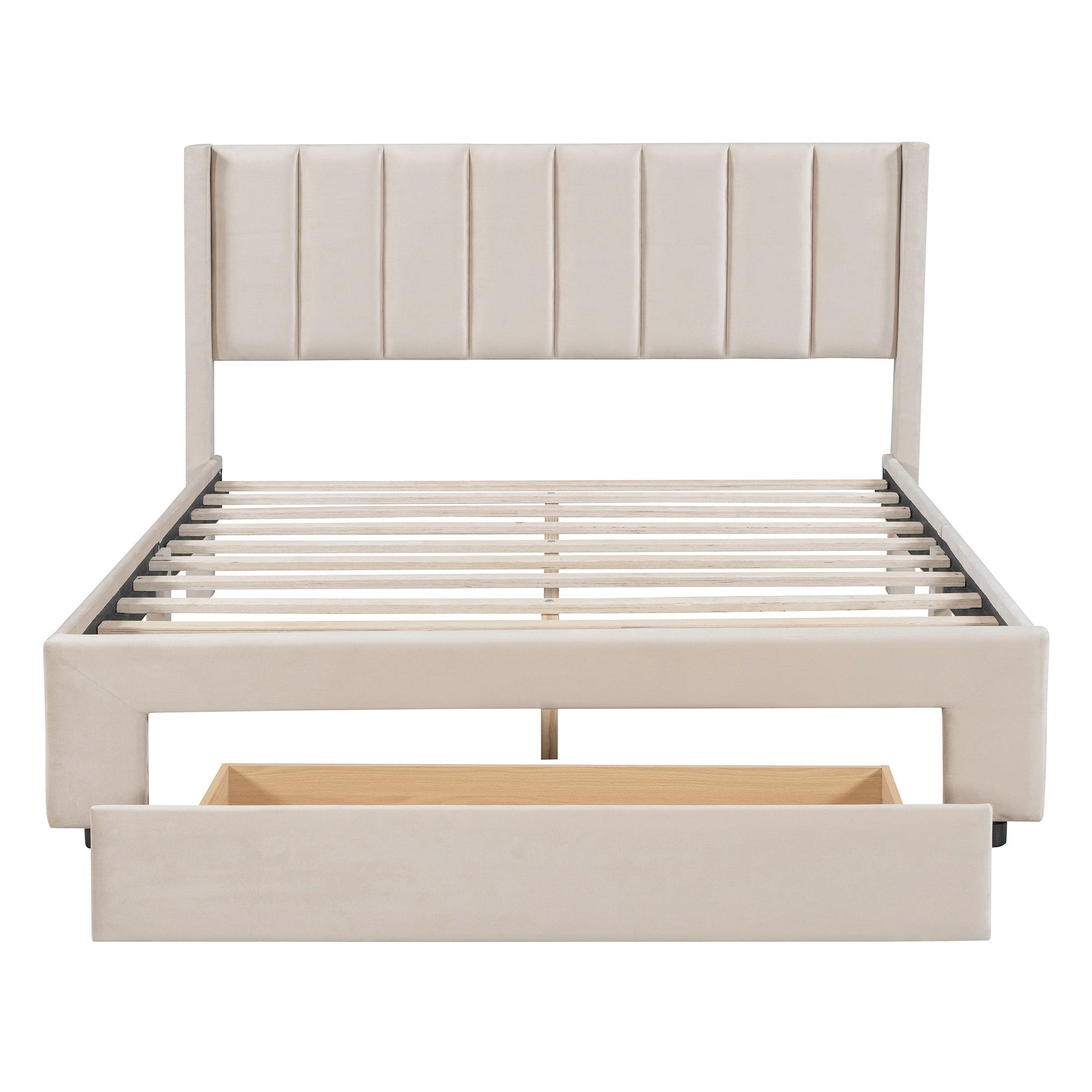 Queen Size Storage Bed Velvet Upholstered Platform Bed with a Big Drawer - Beige - Korvel
