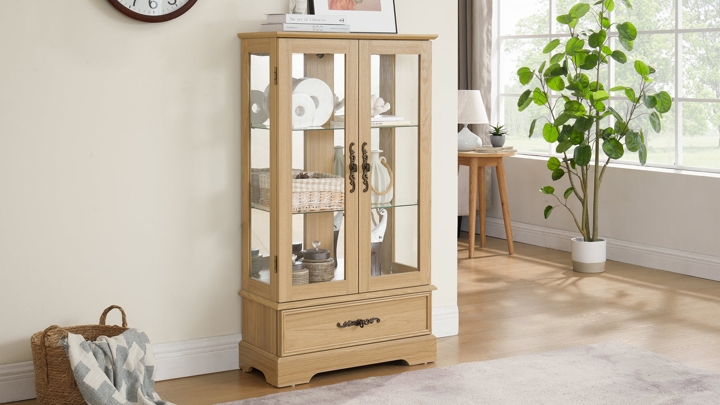 Light colored glass cabinet with adjustable glass frame, including cabinet light bulbs OAK with 2 doors and 1 drawer - Korvel
