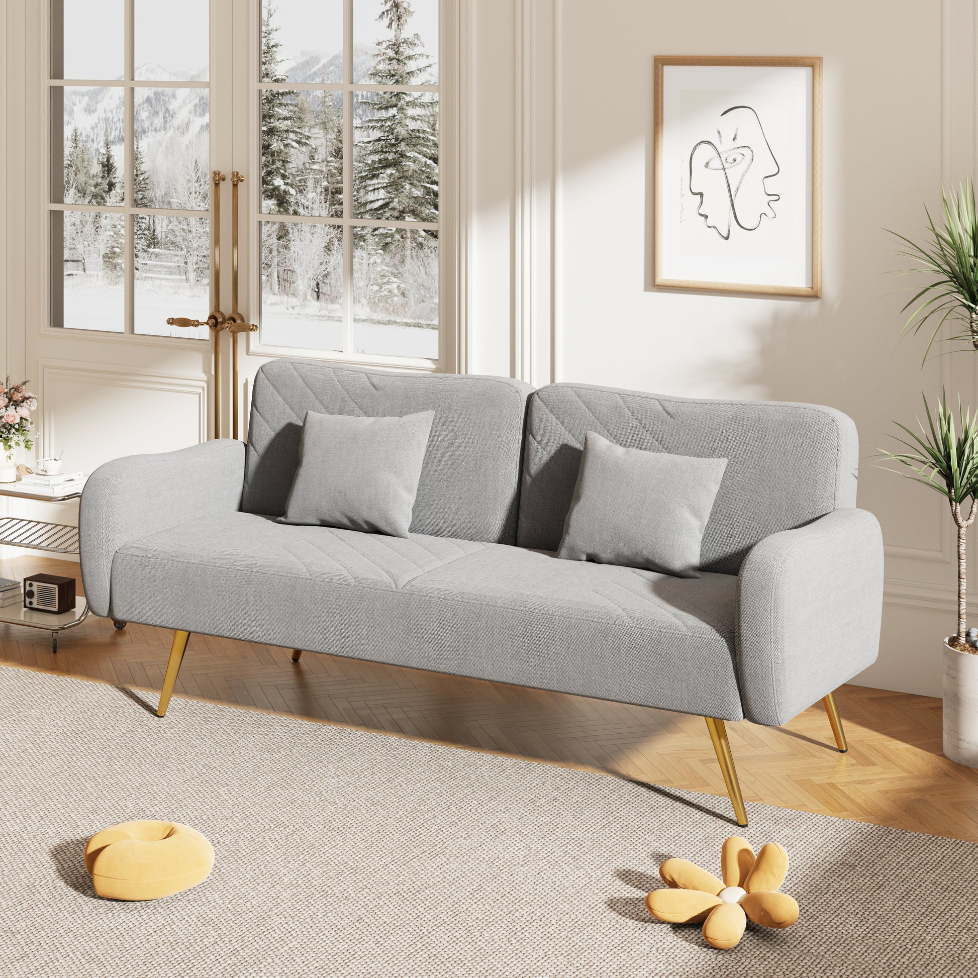 70.47" Gray Fabric Double Sofa with Split Backrest and Two Throw Pillows - Korvel