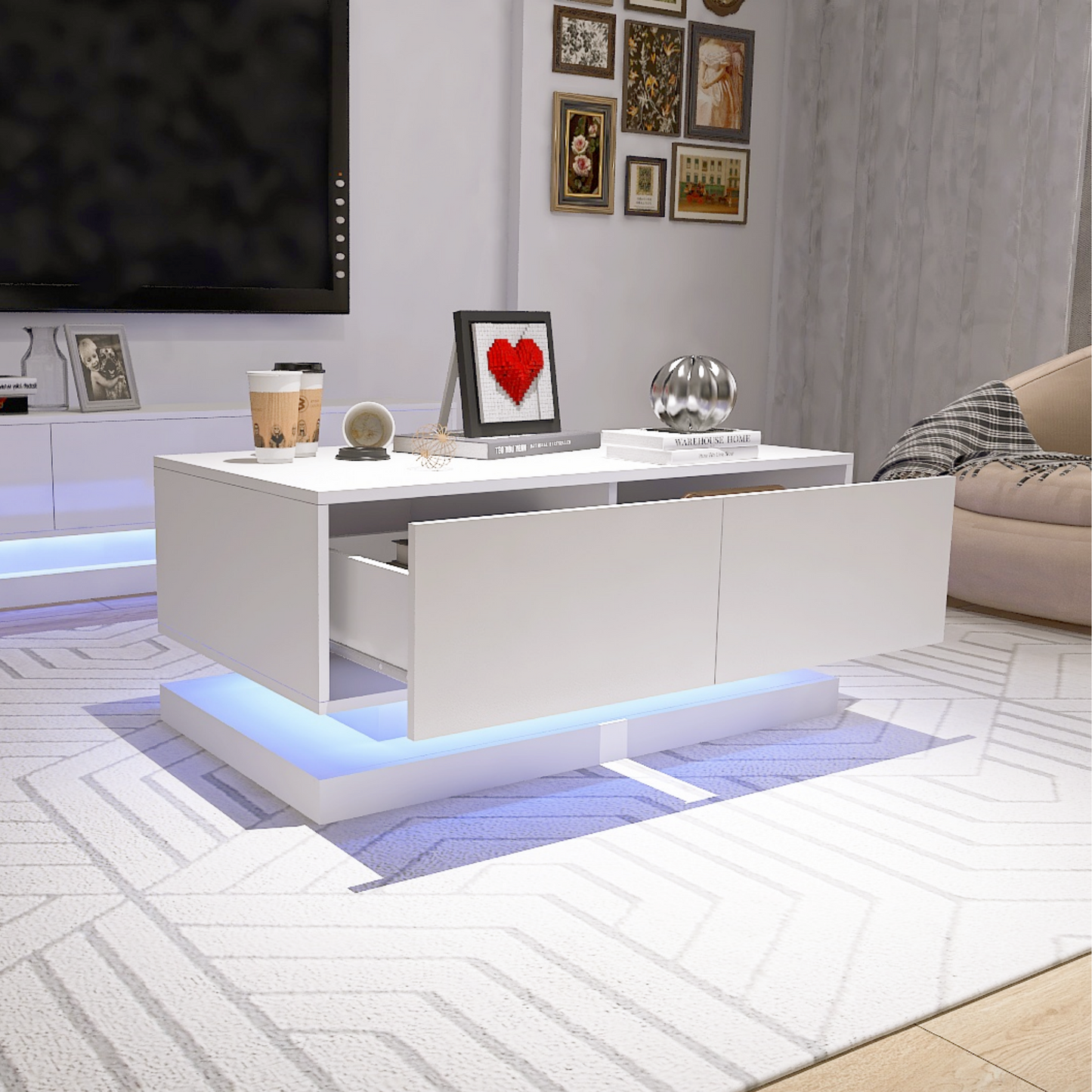 High Glossy Coffee Table with 2 Drawers have RGB Led Light with Buletooth Control - Korvel