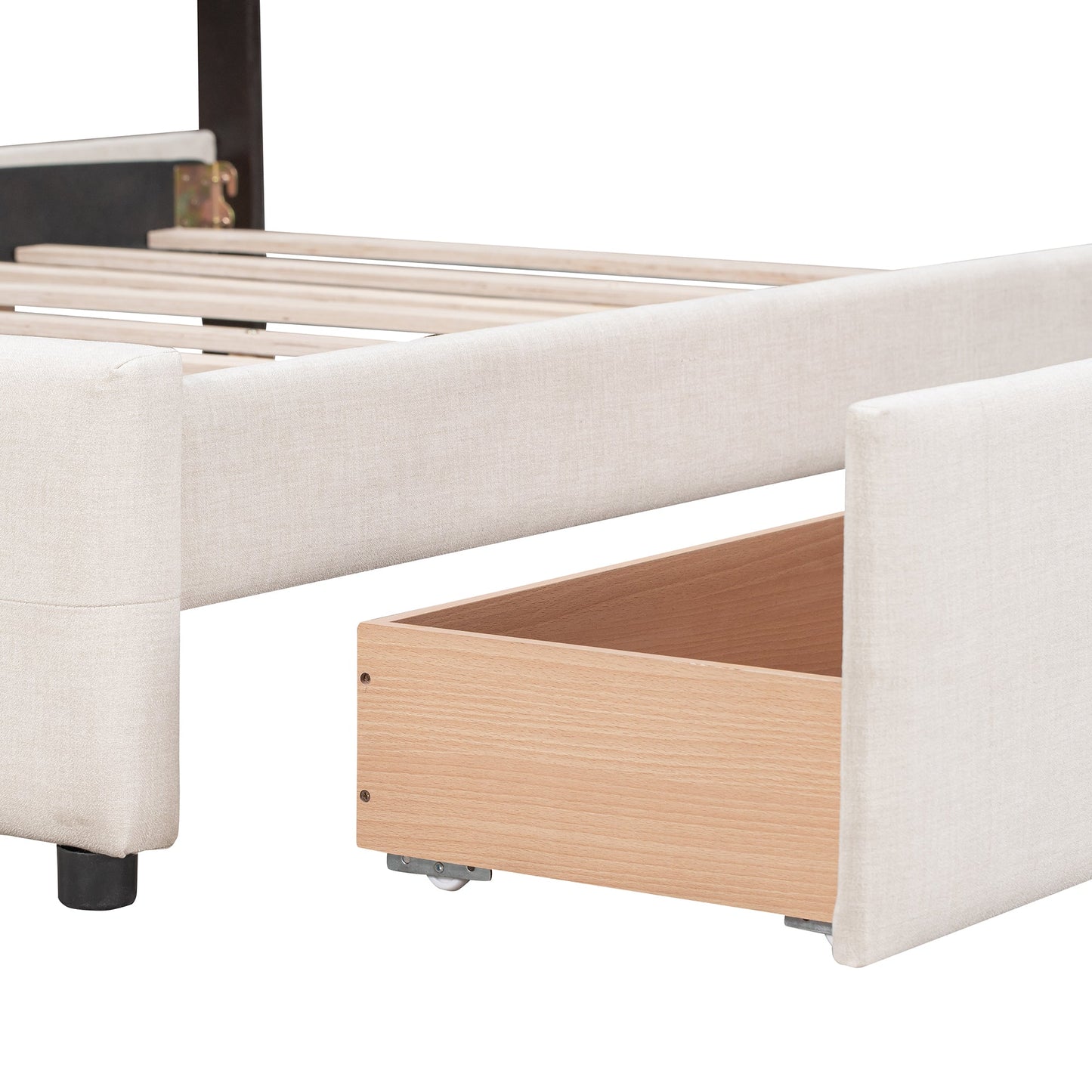 Upholstered Platform Bed with Classic Headboard and 4 Drawers No Box Spring Needed Linen Fabric Queen Size Beige - Korvel