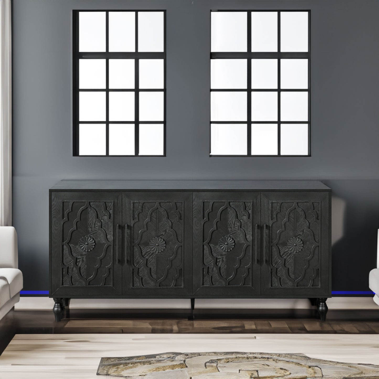 Carved Flower Door Large Storage Cabinet With Metal Handle Suitable For Living Room, Kitchen, Entryway(BLACK) - Korvel