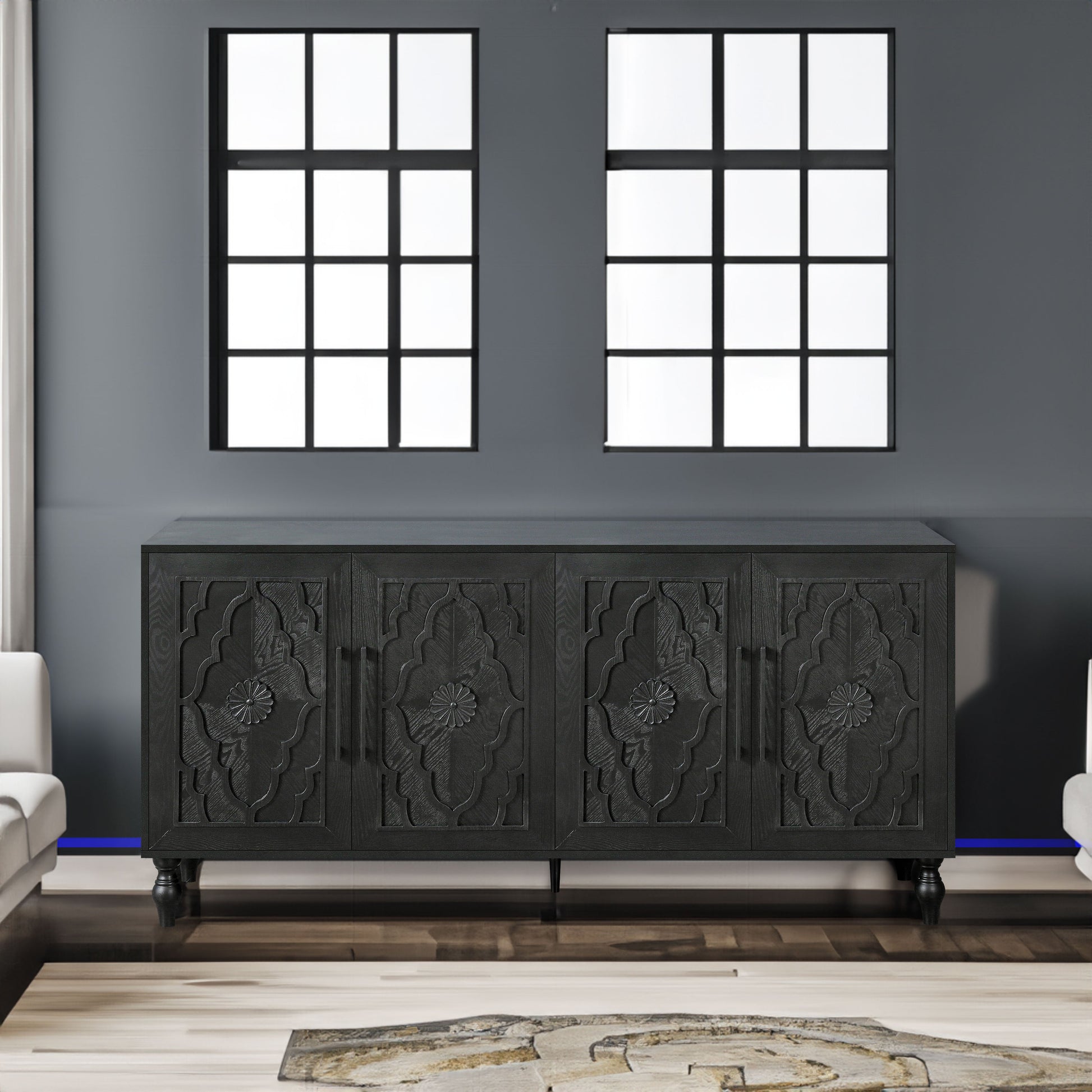 Carved Flower Door Large Storage Cabinet With Metal Handle Suitable For Living Room, Kitchen, Entryway(BLACK) - Korvel
