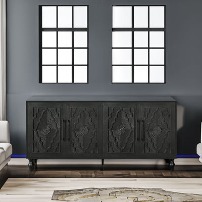Carved Flower Door Large Storage Cabinet With Metal Handle Suitable For Living Room, Kitchen, Entryway(BLACK) - Korvel