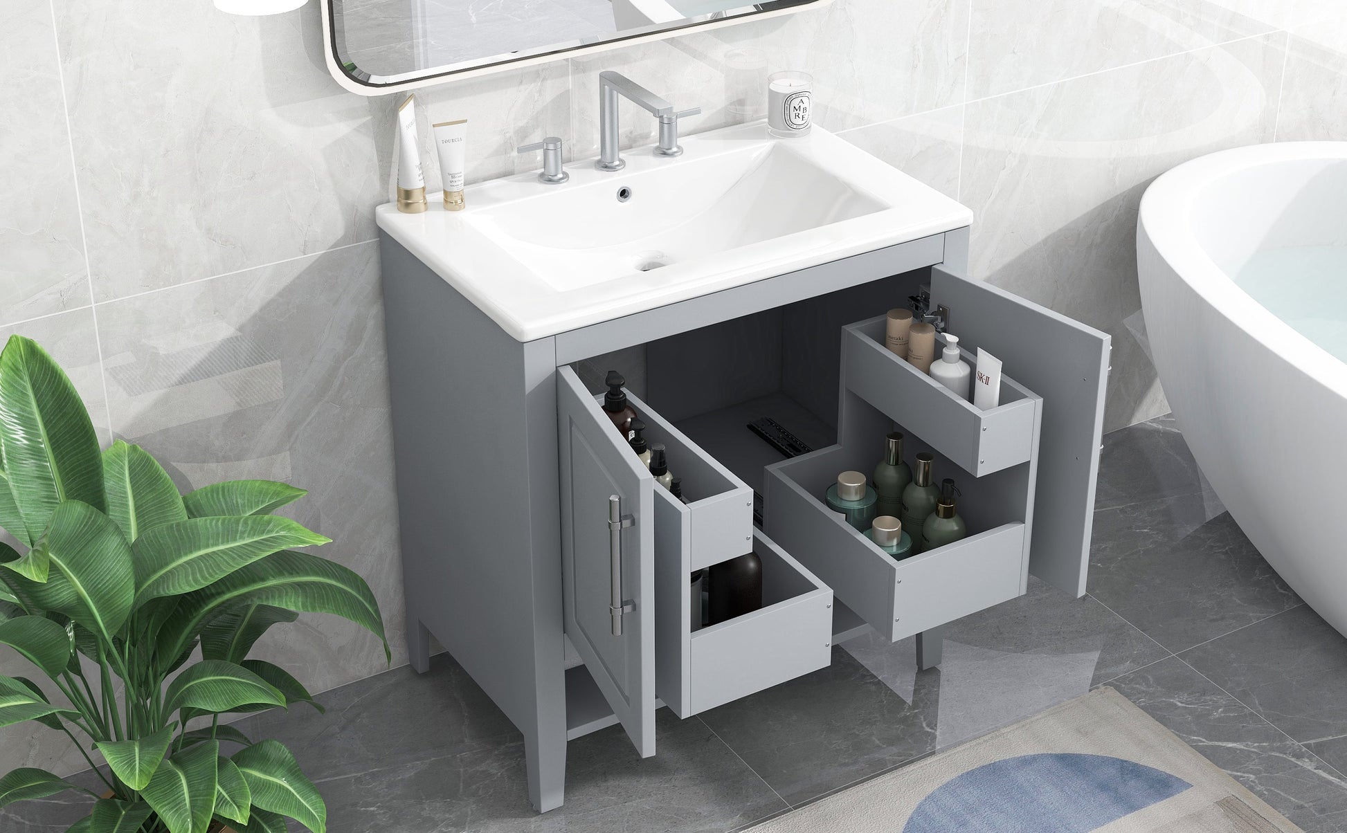 30" Bathroom Vanity with Sink, Multi-functional Bathroom Cabinet with Doors and Drawers, Solid Frame and MDF Board, Grey - Korvel