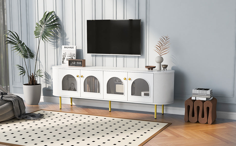 U-Can Modern TV Stand for TVs up to 80 Inches, Entertainment Center with 4 Cabinets, Wood with Metal Legs and Handles White - Korvel
