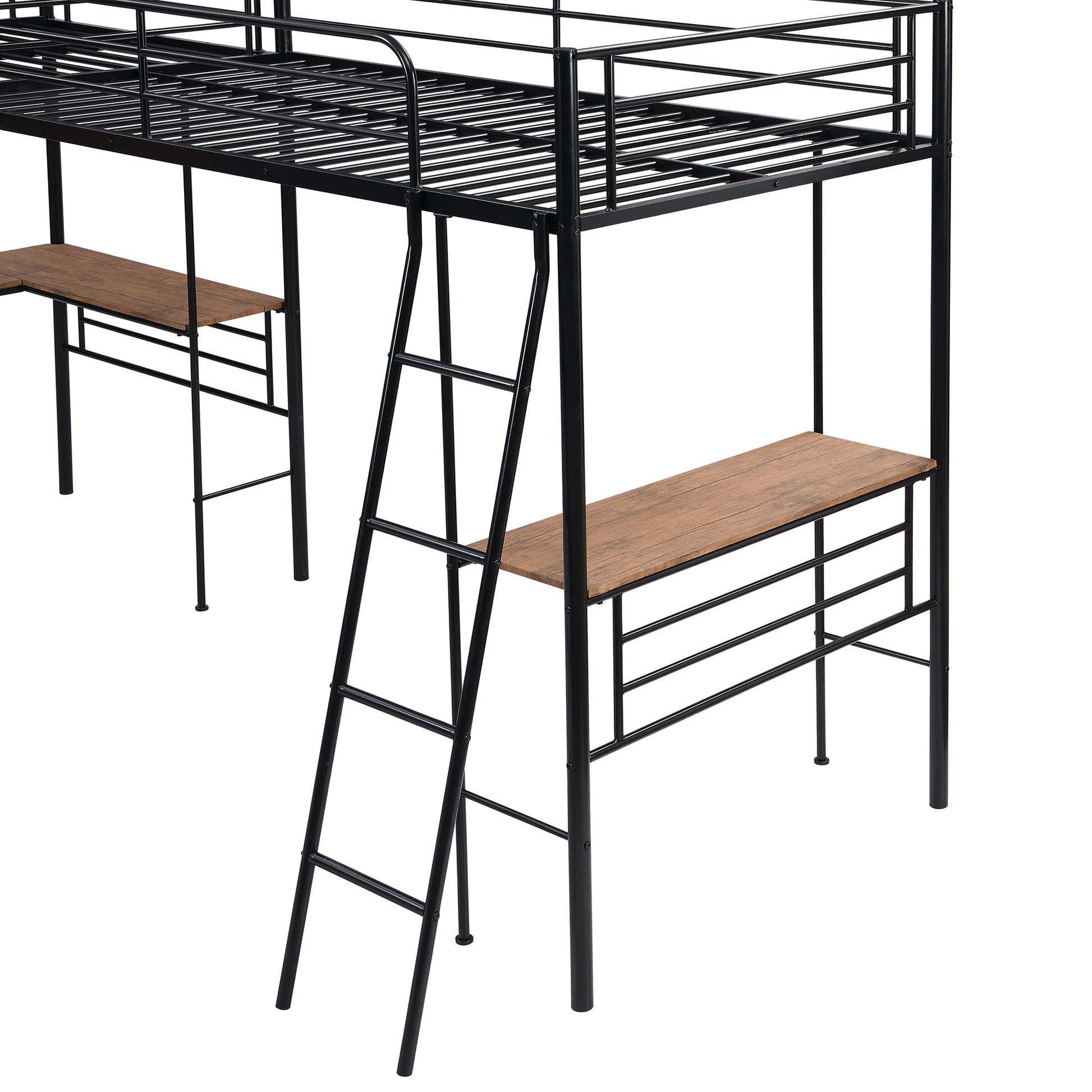 Twin Size Metal Loft Bed with Two Built-in Desks Black - Korvel