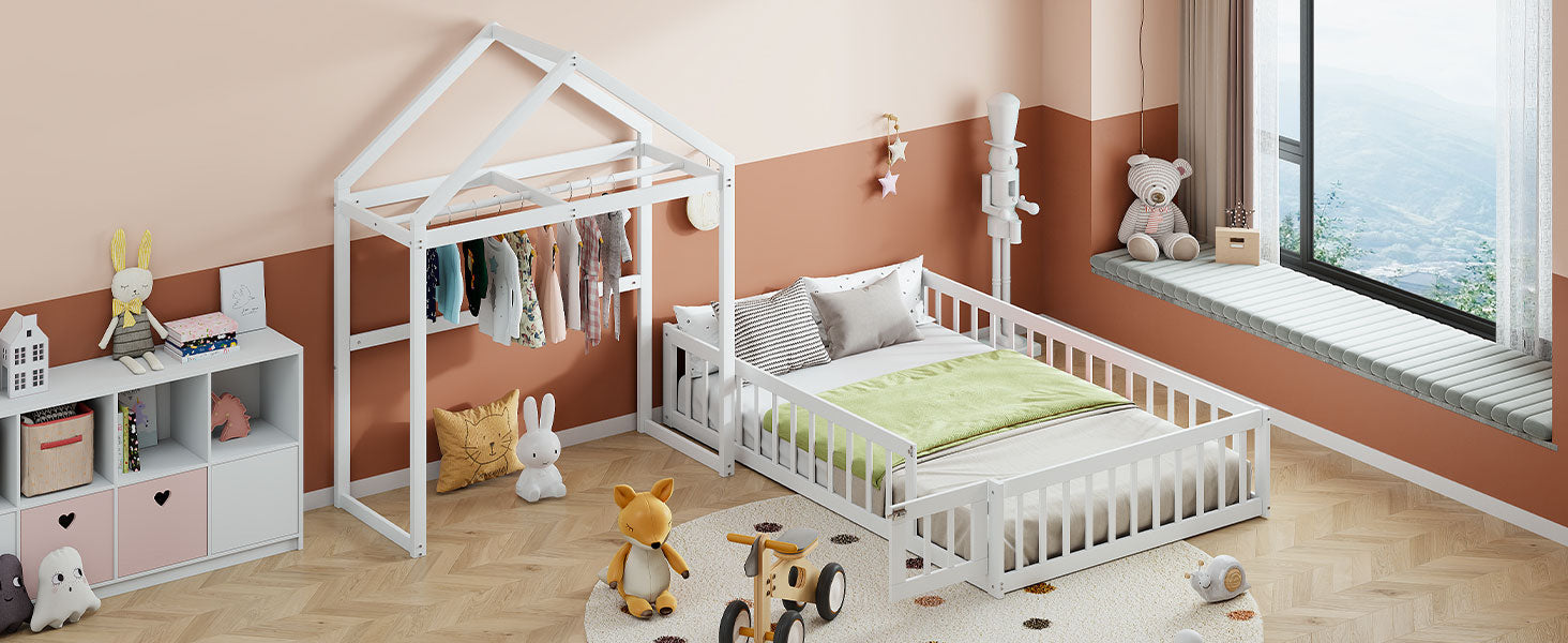 Wooden Full Size Children's Bed with Detachable Headboard and Integrated Clothes Drying Rack, White - Korvel
