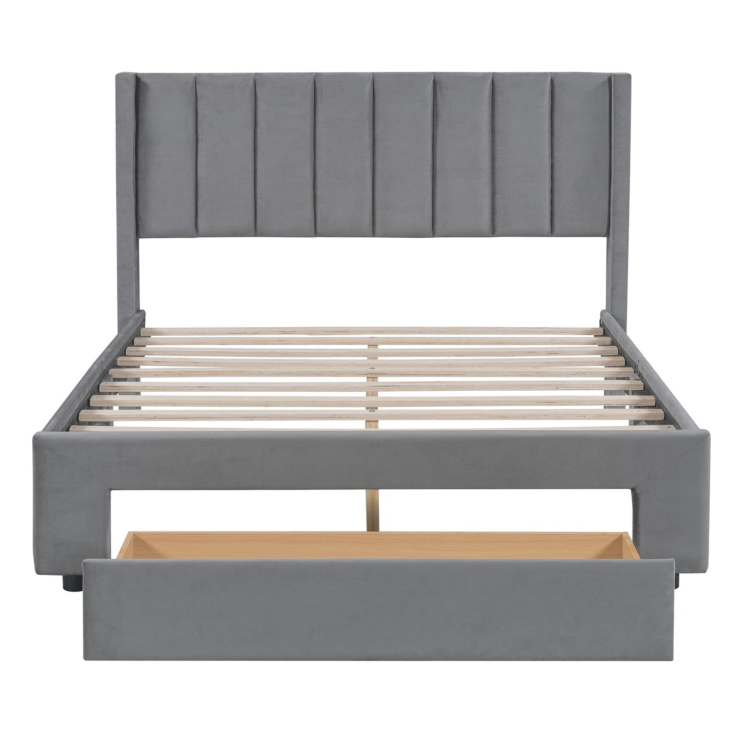 Full Size Storage Bed Velvet Upholstered Platform Bed with a Big Drawer - Gray - Korvel