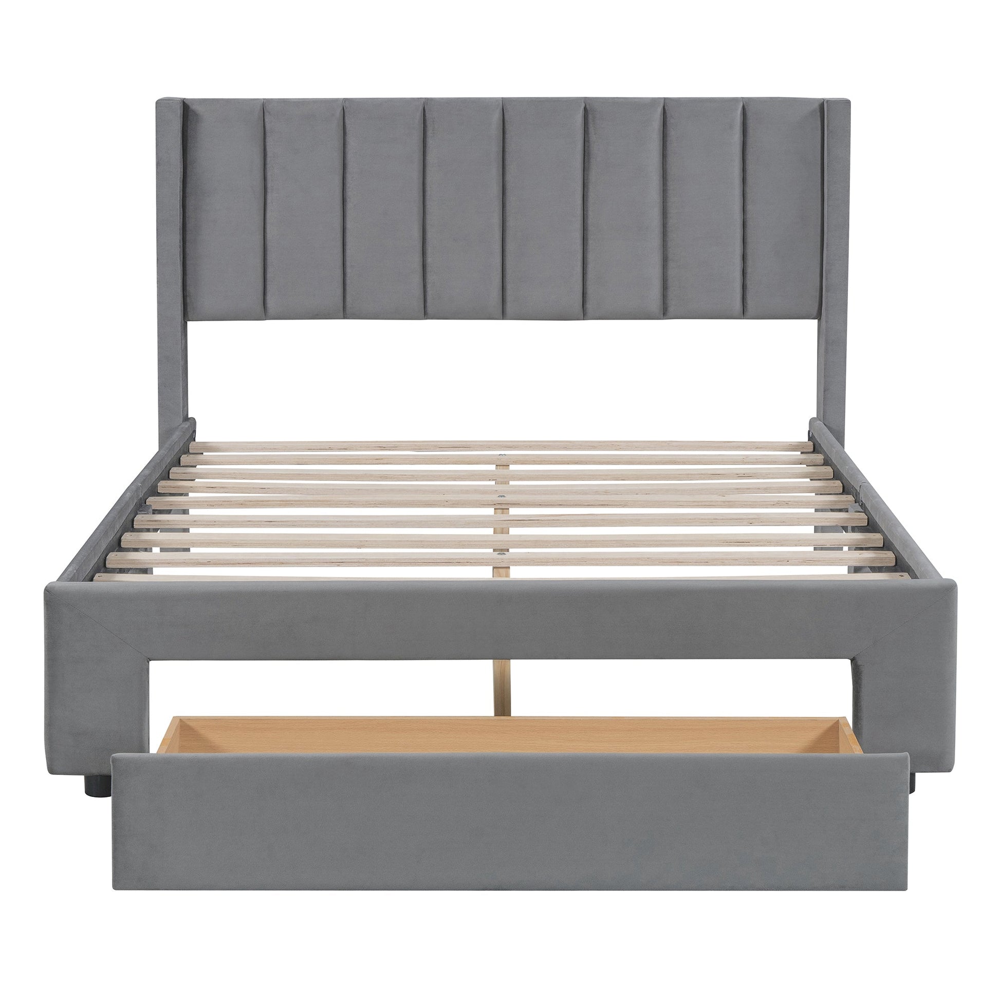 Full Size Storage Bed Velvet Upholstered Platform Bed with a Big Drawer - Gray - Korvel