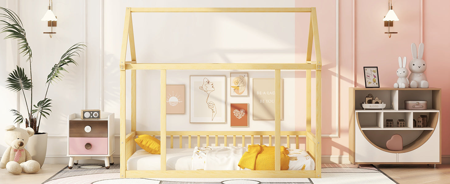 Twin Size Floor Wooden Bed with House Roof Frame and Safety Guardrails,Natural - Korvel