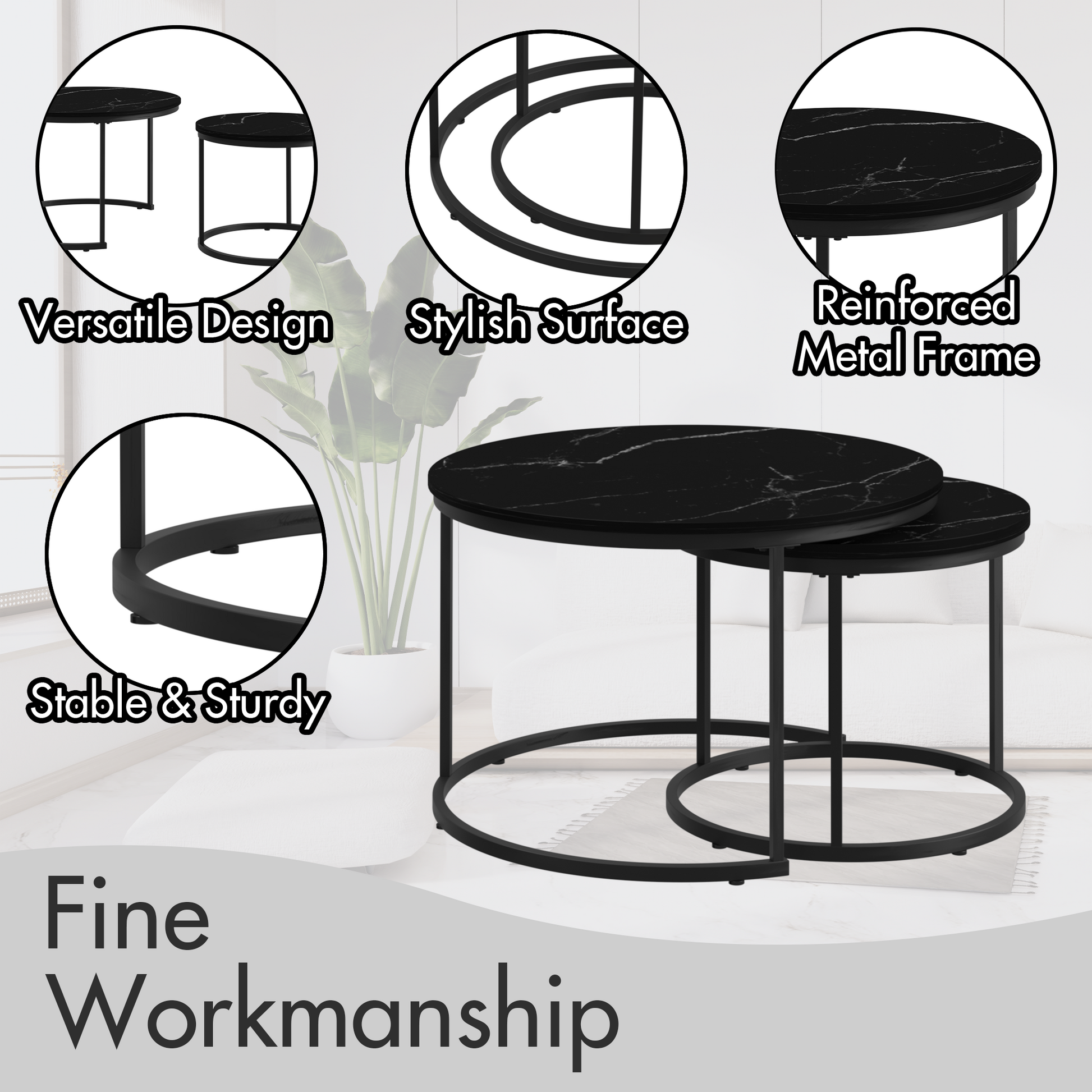 A set of nested coffee tables, 27.6-inch round coffee table, wooden marble patterned tabletop, sturdy metal frame (black) - Korvel