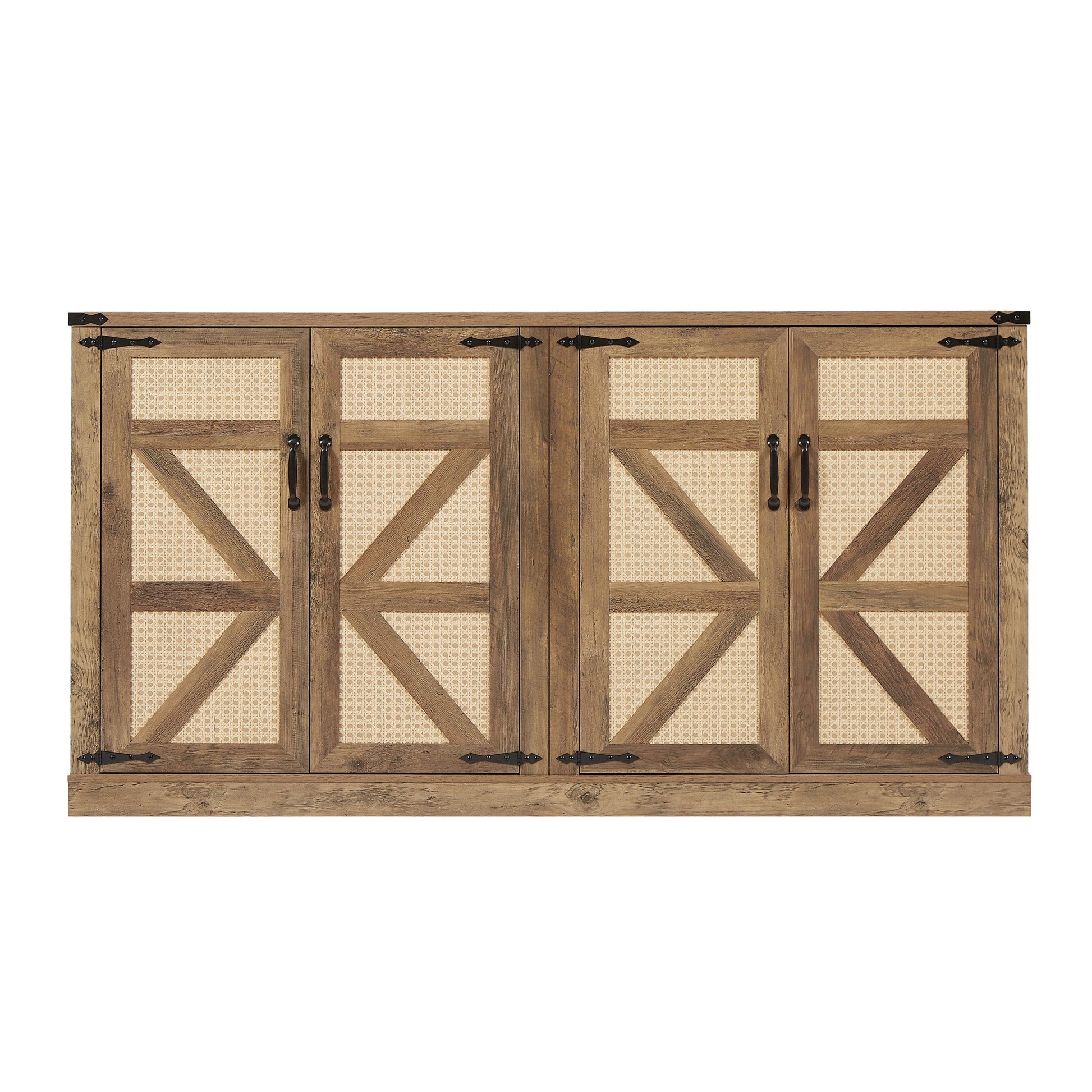 65-Inch Rustic Oak Color Faux Rattan Sideboard, Barn Door Rustic Style Sideboard, Living Room, Entryway, Bedroom - Korvel