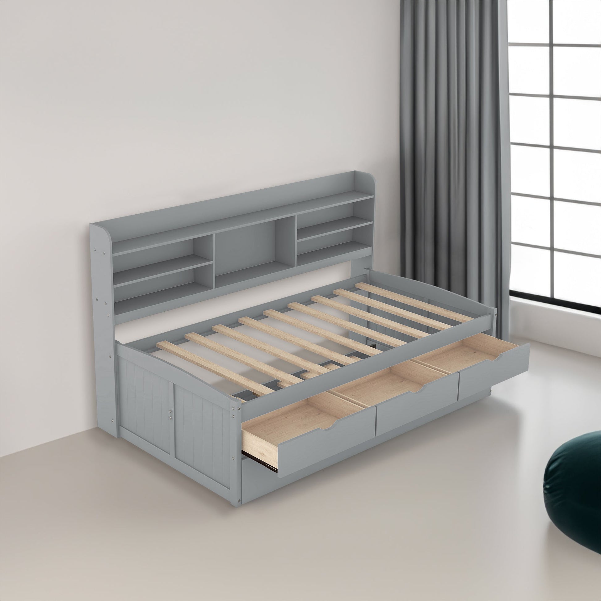 Twin Size Wooden Captain Bed with Built-in Bookshelves,Three Storage Drawers and Trundle Light Grey - Korvel