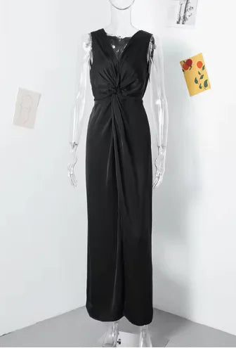 Knotted Evening Long Dress for Women - V-neck Sleeveless Bodycon